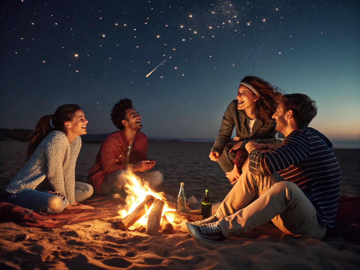 Group of women having fun around a glowing Clearwater Beach fire with drinks under the evening sky