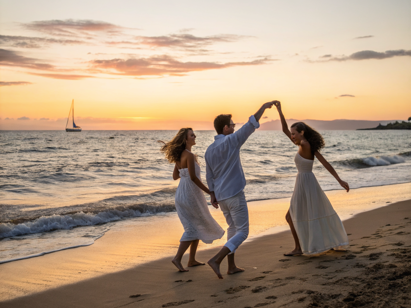 Women celebrating and dancing barefoot along the Clearwater Beach shoreline at sunset