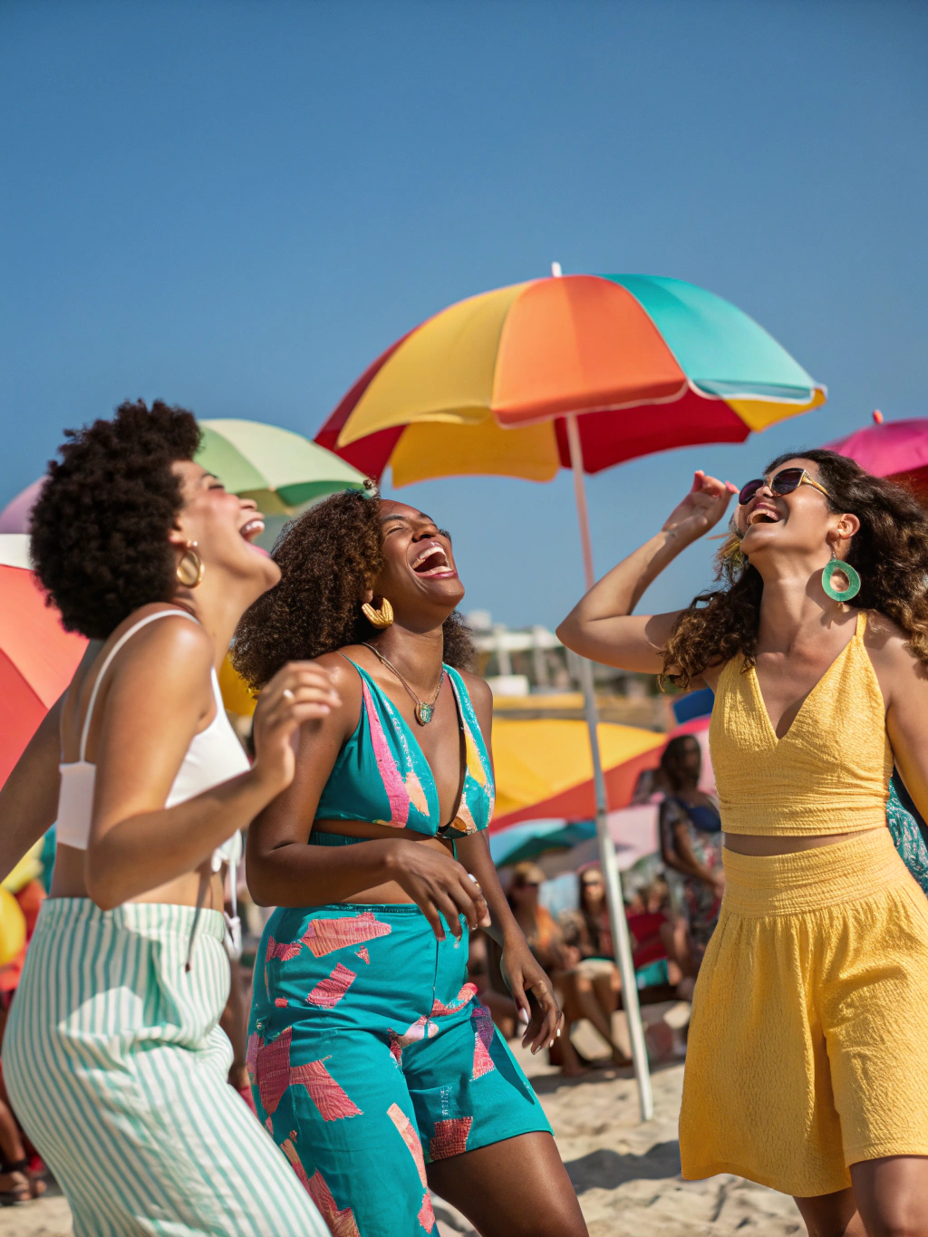 Group of women lounging on sun chairs and laughing together along Clearwater Beach