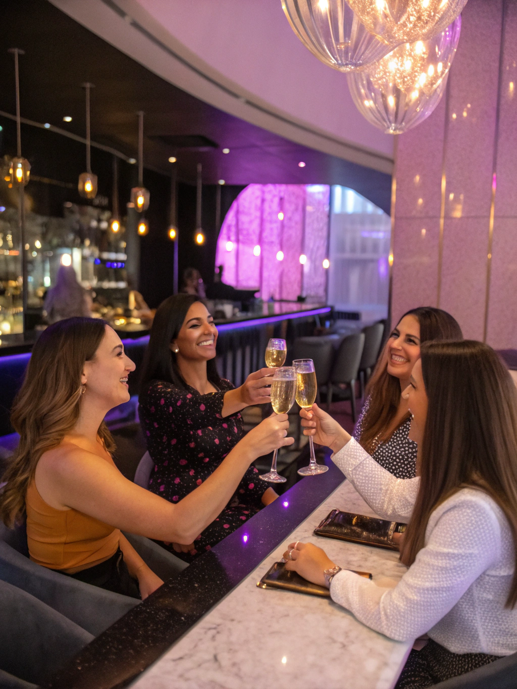 Group of women raising champagne glasses on Clearwater Beach against a glowing Gulf sunset